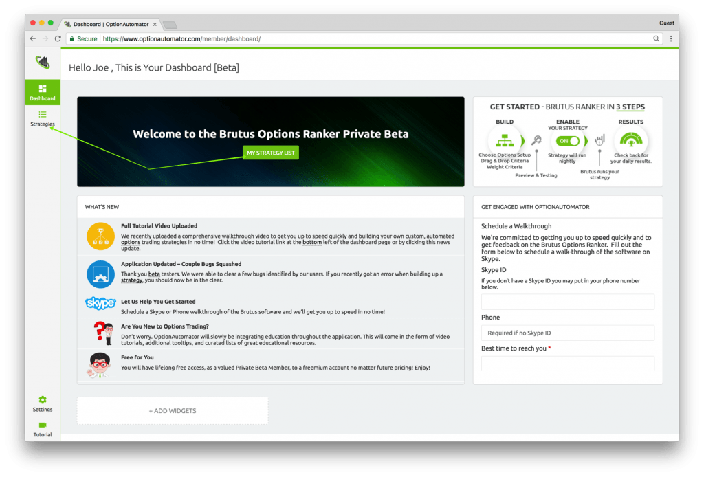 The Brutus Options Ranker Member Dashboard